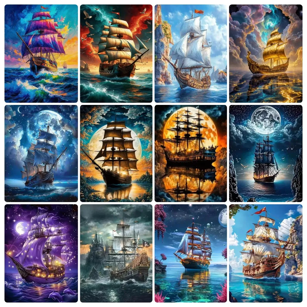 Resin Art Work - Diamant schilderij zeilboot landschap mozaïek handgemaakt