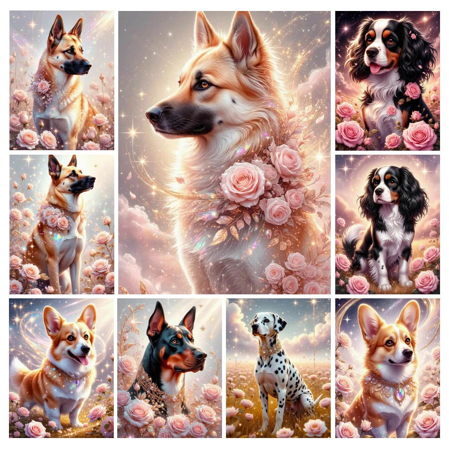 Resin Art Rose - Schattige Hond en Bloem Diamant Schilderij